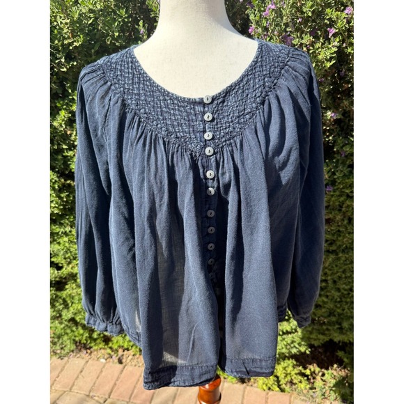 Free People Tops - Free People We The Free Navy Blue Smocked Button Down Peasant Blouse Top
